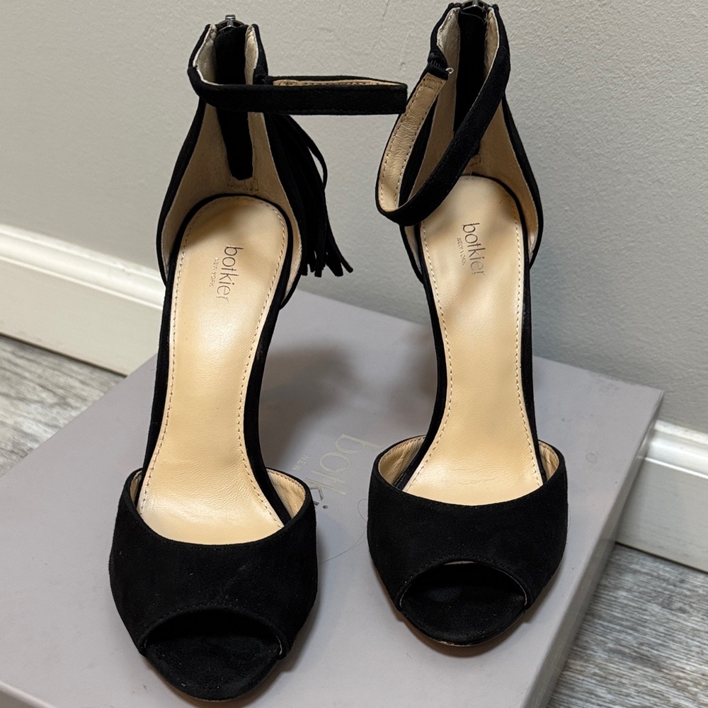 Botkier Black Suede Peep-Toe Ankle-Strap Heels with Tassel Detail